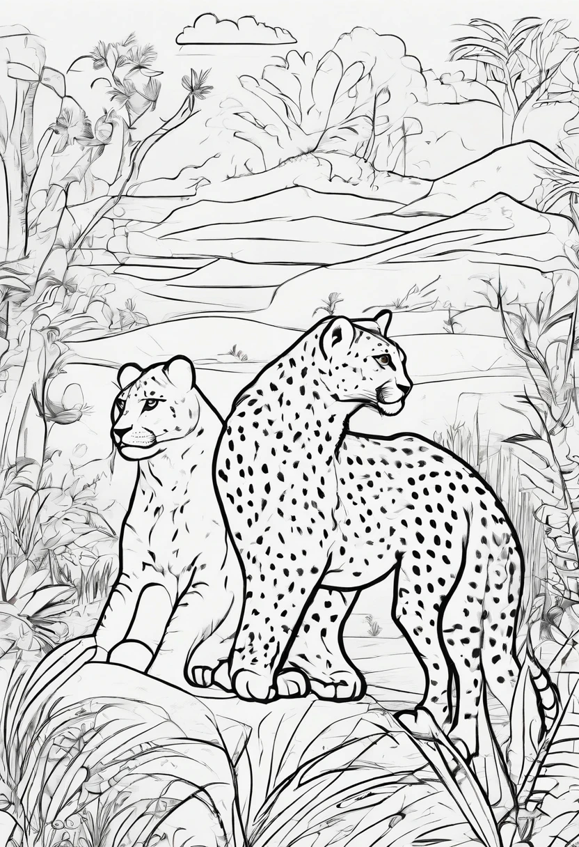Zoo animals,Cheetah , cartoon style, line drawing background, white background, monochrome, line drawing, ((sketch)), for coloring