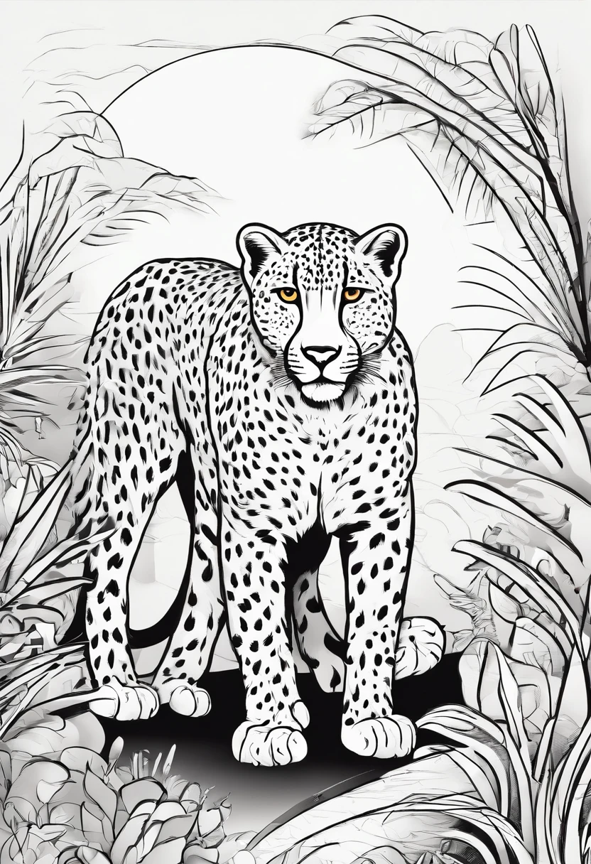 Zoo animals,Cheetah , cartoon style, line drawing background, white background, monochrome, line drawing, ((sketch)), for coloring