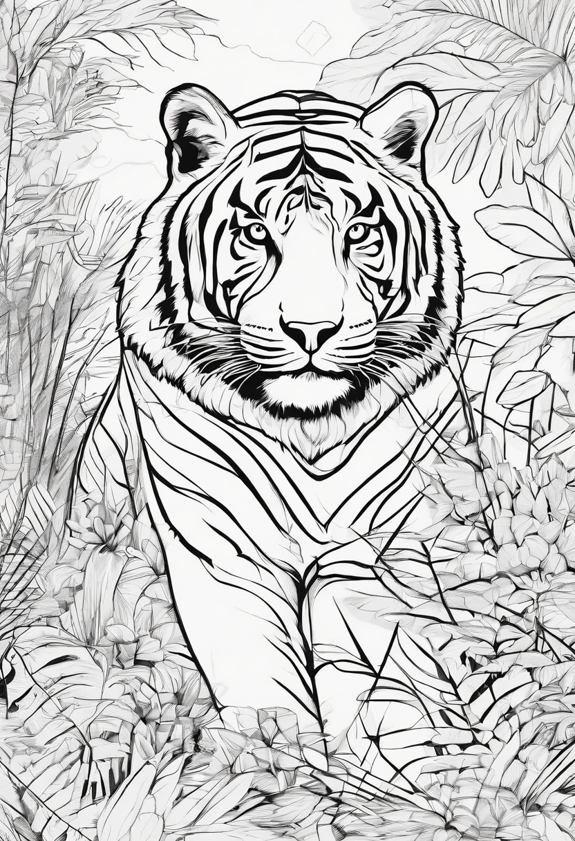 Zoo animals,tiger, cartoon style, line drawing background, white background, monochrome, line drawing, ((sketch)), for coloring