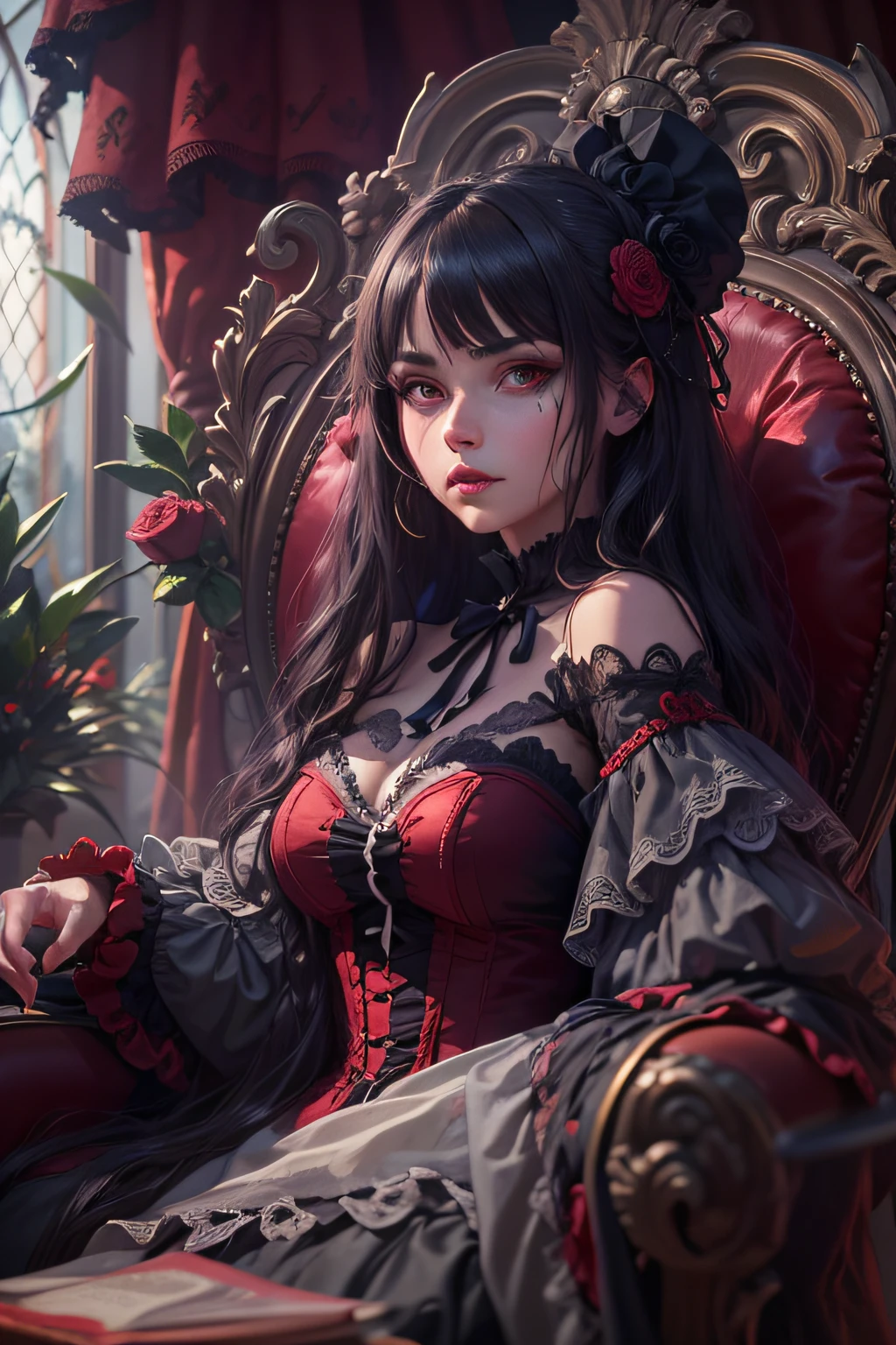 Highres, (8k,UHD), ultra quality, extreme detail, smooth focus, Anime Demon Girl, long multi color black and red hair, pale skin complexion, blood red shot eyes, sitting in a Victorian chair, in a chair, Victorian windows, Victorian paintings, inspired johan grenier, unreal engine 5