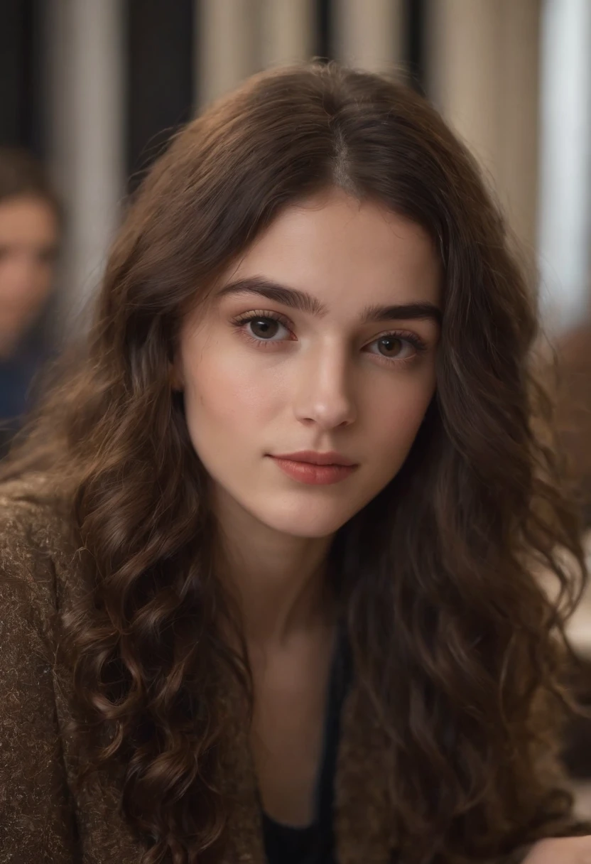 Jeune fille de 17 ans brune, curtain fringe that stops above the eyebrows, curly hair that reaches the middle of the neck. Dans une salle de classe, seated at a student's table.