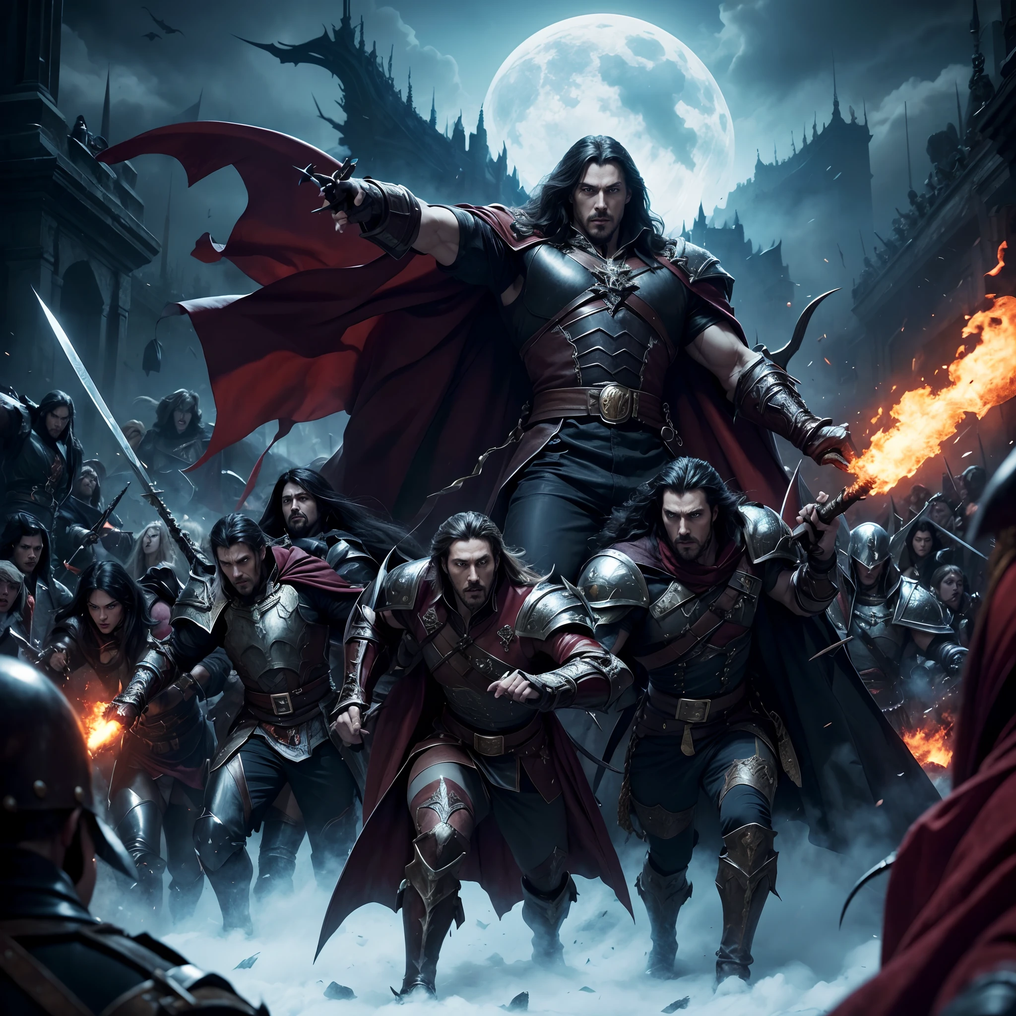 Castlevania Shadow Lord hyper realistic super detailed Dynamic shot masterpiece cinematic scene scenes movie Epic Legendary Lord Dracula leading troops armed with demons into battle