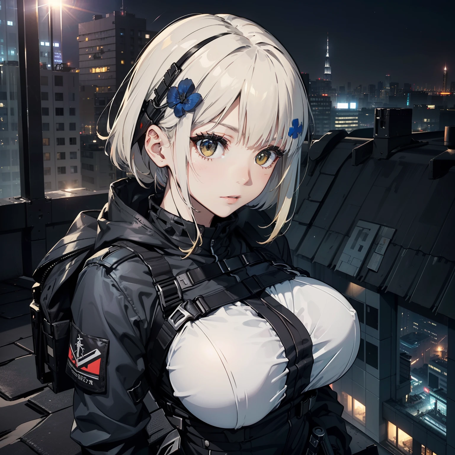 (Trained female soldiers)、((Holding weapons、holding rifle、aim、aim、fire:1.4、guns、h&K HK416))、1 Women、thick body、(Black combat uniform)、(platinum-blonde-hair:1.2)、((超A high resolution))、Detail Write、masterpiece、top-quality、extremely details CG、8K picture quality、Cinematographic lighting、lensflare、(Skyscraper rooftop at night:1.4)、Hyper-detailing、((Enlarge bust shots:1.4))、Detailed firearm depiction、Rifle with perfect detail、Perfect barrel that does not distort、Fighter in the sky、Military drones