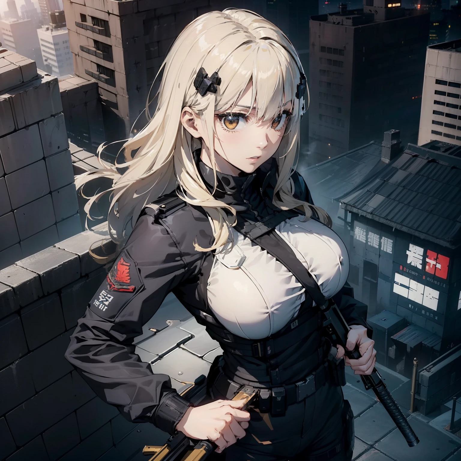 (Trained female soldiers)、((holding weapons、holding rifle、Aim:1.2、fire:1.4、guns、h&k hk416))、1 Women、thick body、(Black combat uniform)、(platinum-blonde-hair:1.2)、((超A high resolution))、Detail Write、​masterpiece、top-quality、extremely details CG、8K picture quality、Cinematographic lighting、lensflare、(Skyscraper rooftop at night:1.4)、Hyper-detailing、((Enlarge bust shots:1.4))、Detailed firearm depiction、Rifle with perfect detail、Perfect barrel that does not distort、Fighter in the sky、Military drones