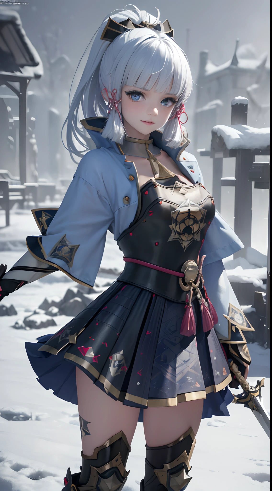 ((Masterpiece)), (8K, High_Resolution), (distinct_image), (Best quality), (More evil, Bad laughs), (face on light:1.1), Solo, Beautiful eyes and detailed face, ((1 girl, Solo)), Medium breasts, Wide buttock, (Abs:0.8), (Blush, cheerfulness, Serious look), (((winter, blizzard))), perfect hands, intricate details, (((wielding a sword)))