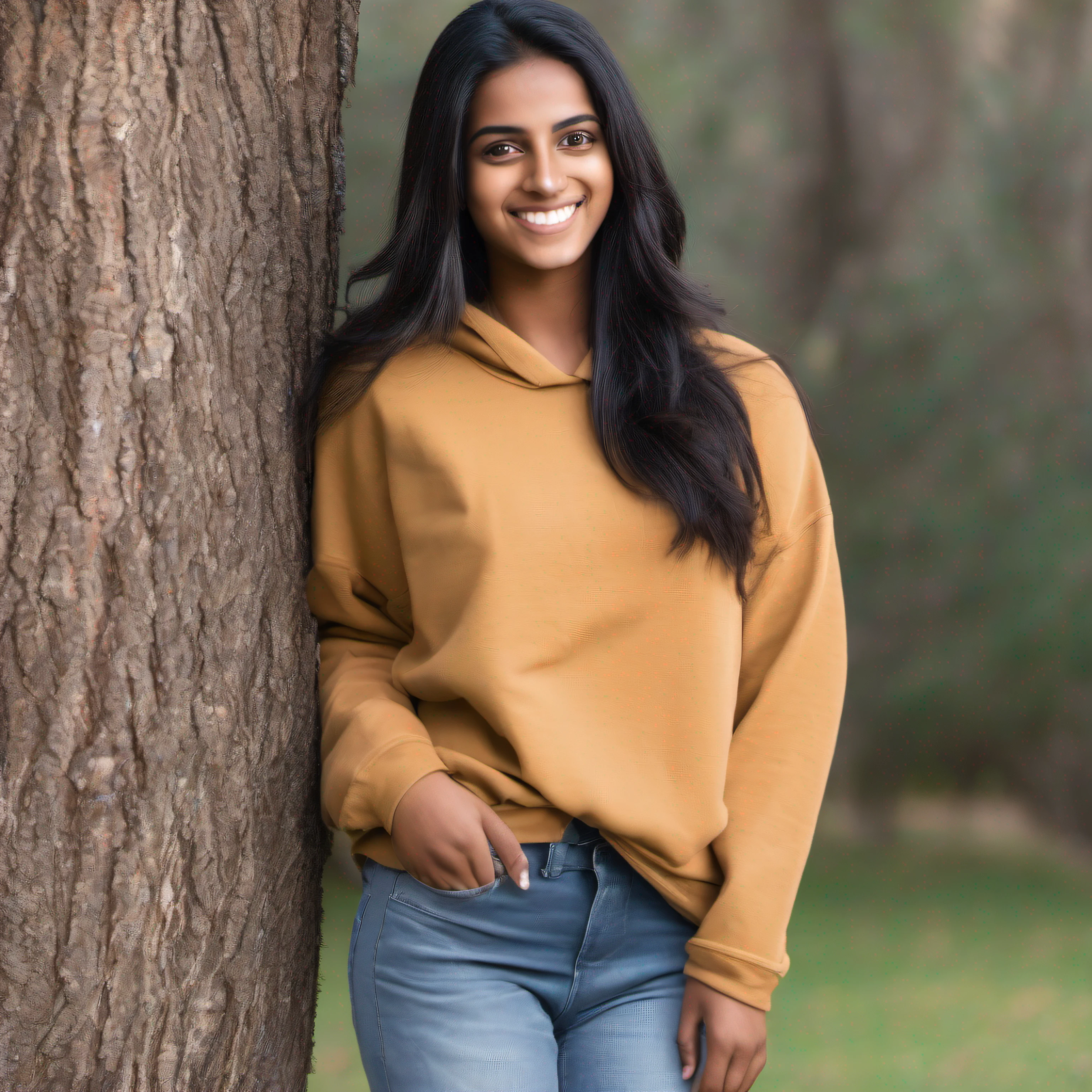A beautiful Indian girl with dark skin, long, flowing black hair, and big, expressive brown eyes. She is wearing a sweatshirt and a baggy jeans, and she has a warm, inviting smile. She is photographed in a natural setting, such as a park, a forest, or a beach. The lighting is soft and flattering, and the composition is well-thought-out.