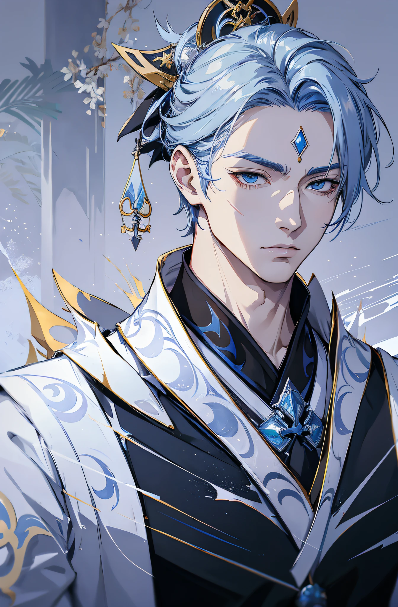 Anime - style image of a man with black hair and white and blue outfit, Keqing von Genshin Impact, Handsome guy in demon slayer art, Taisho Roman, handsome androgynous prince, Zhongli von Genshin Impact, white haired deity, anime gutaussehender mann, zarter androgyner Prinz, Masamune Shiro, heise jinyao, Offizielle Kunst