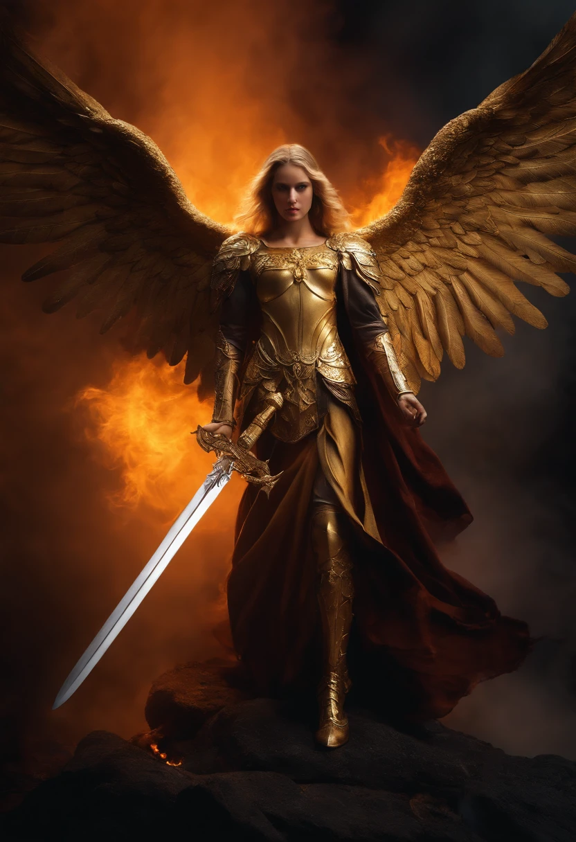 Ultra-realistic angel image: A golden angel with spread wings，Holding a fire sword in his hand，There was gloom in the gloom。, Black smoke settings,(RAW photo:1.2)，camel-toe，Hollow-out on，sweat leggs，White liquid， Smooth pink skin, shiny metallic glossy skin, Shiny, spread their legs，M-shaped legs，angry look，Irritated，white liquid all over body，Full body like，
