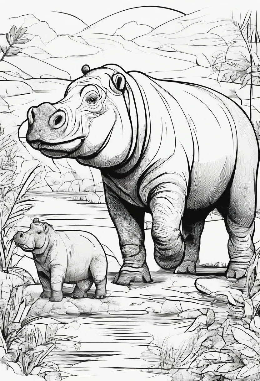 Zoo animals,hippopotamus , cartoon style, line drawing background, white background, monochrome, line drawing, ((sketch)), for coloring