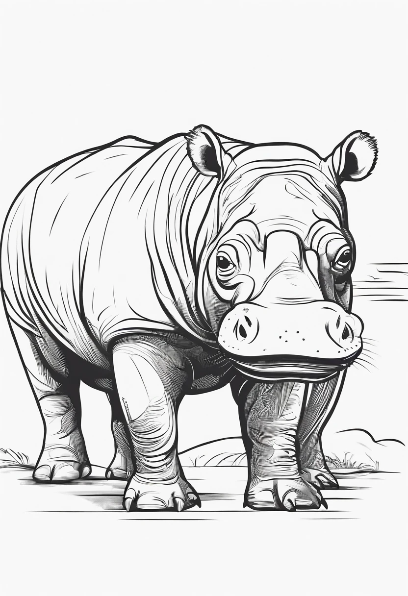 Zoo animals,hippopotamus , cartoon style, line drawing background, white background, monochrome, line drawing, ((sketch)), for coloring