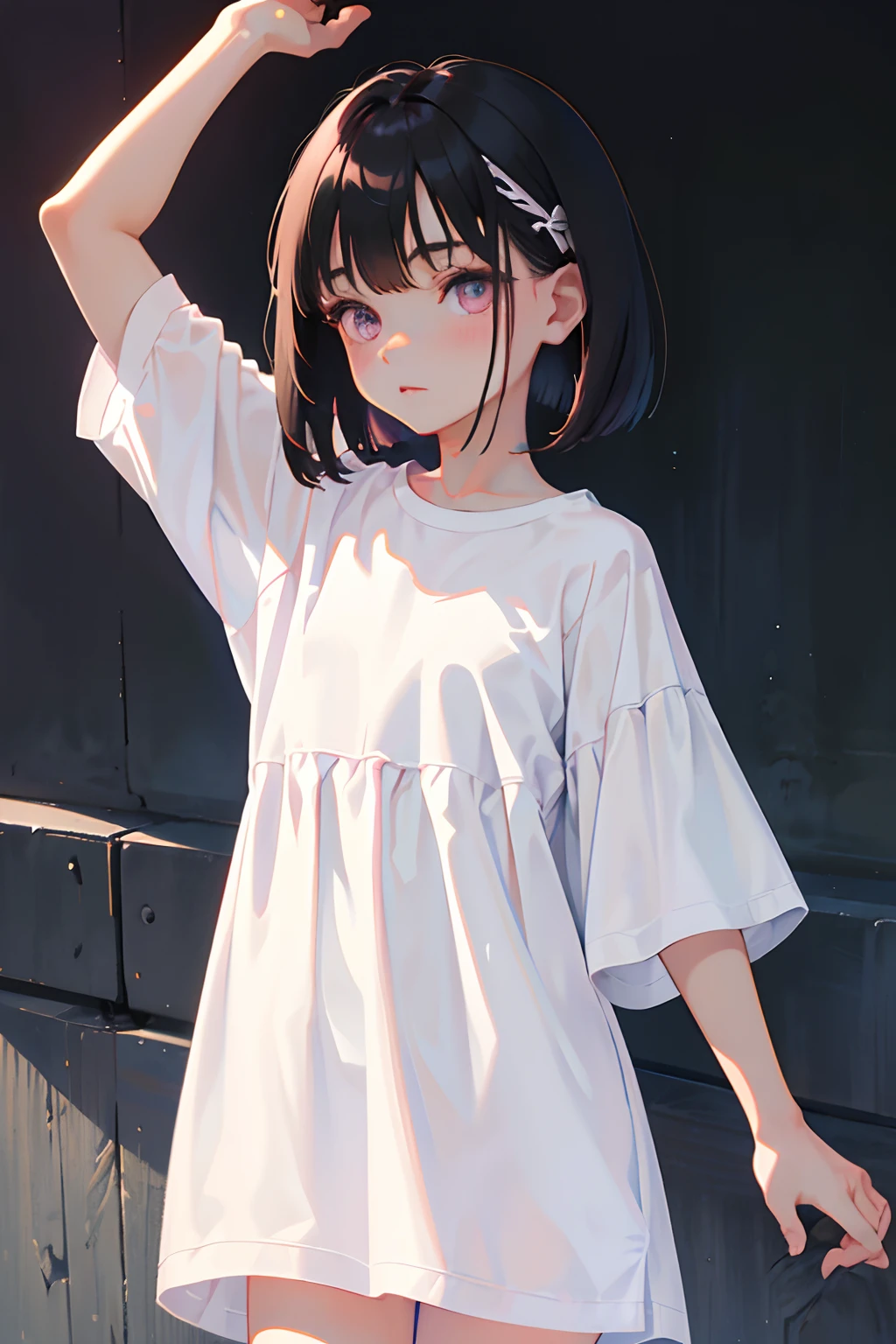 （​masterpiece，Highest Quality），()，((Long white T-shirt，Light short-sleeved dress))，(A dark-haired，Medium bob)，Light pink eyes，embarrassed from，sleepy expression，Delicate body，Back lighting