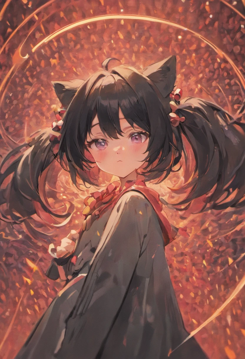 black hair, hair bobbles, wince, longeyelashes, solid circle eyes, fake animal ears, light smile, ear blush, fang, Surrealism, drop shadow, anaglyph, stereogram, tachi-e, pov, atmospheric perspective, 8k, super detail, ccurate, best quality