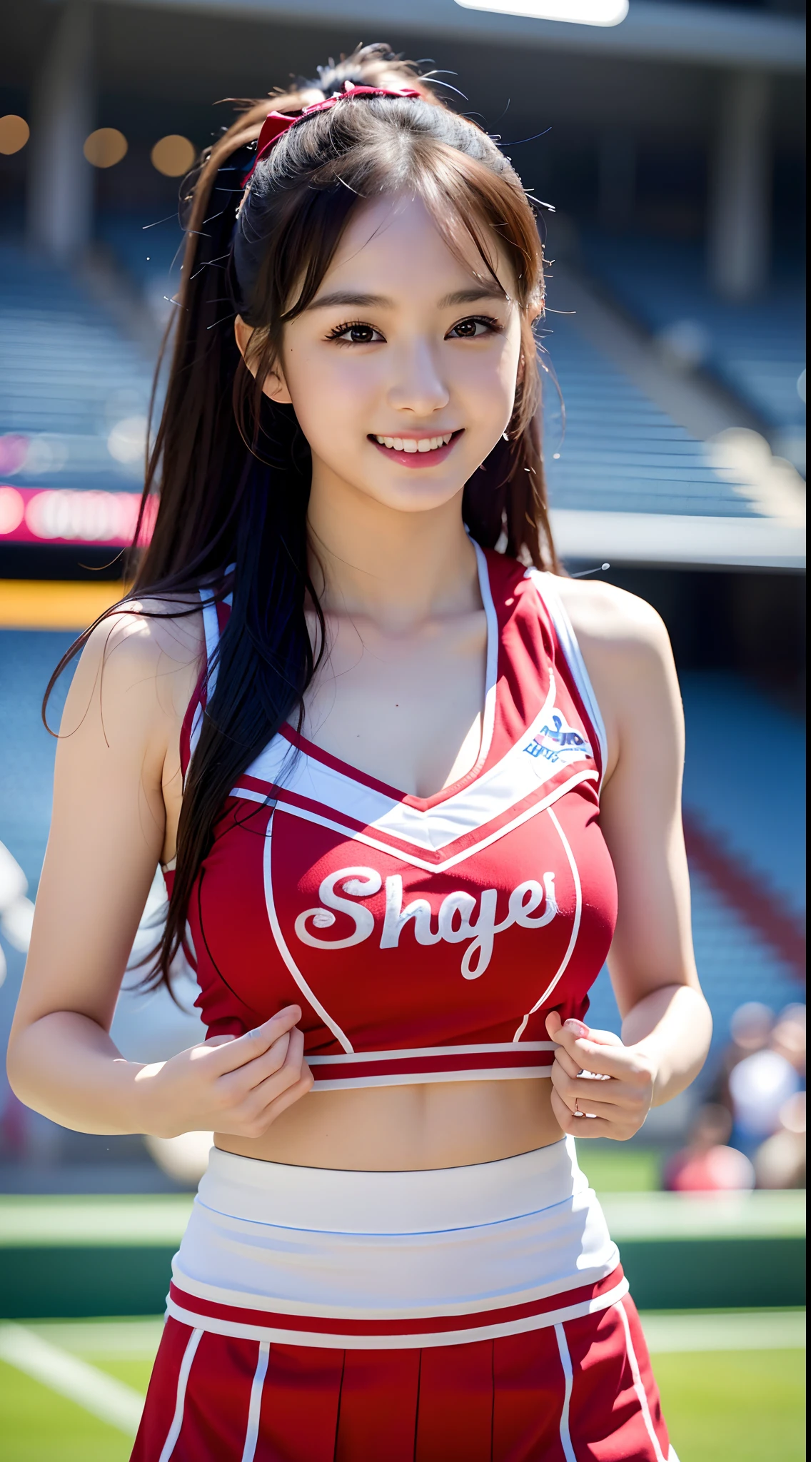 A smile,(8K, Raw photo, Best Quality, masutepiece:1.2), (Realistic, Photorealsitic:1.37),1girl in, Professional Lighting, Photon mapping, Radio City, Raw photo、(Photorealsitic:1.4)、Octane number renderin、Complex 3D rendering ultra detail, Studio Soft Light, Rim Lights, vibrant detail, super detailing, realistic skin textures, Detail Face, Beautiful detail eyes, Very detailed CG Unity 16k wallpaper, make - up, (detailedbackground:1.2),Colossal tits、Best Quality, 超A high resolution, masutepiece, 1girl in, 20yr old,((cheer girl、cheer leading)), cute face、((Stadium Venues))、((pleatedskirt))、乃木坂アイドル、韓国アイドル、Japan idle