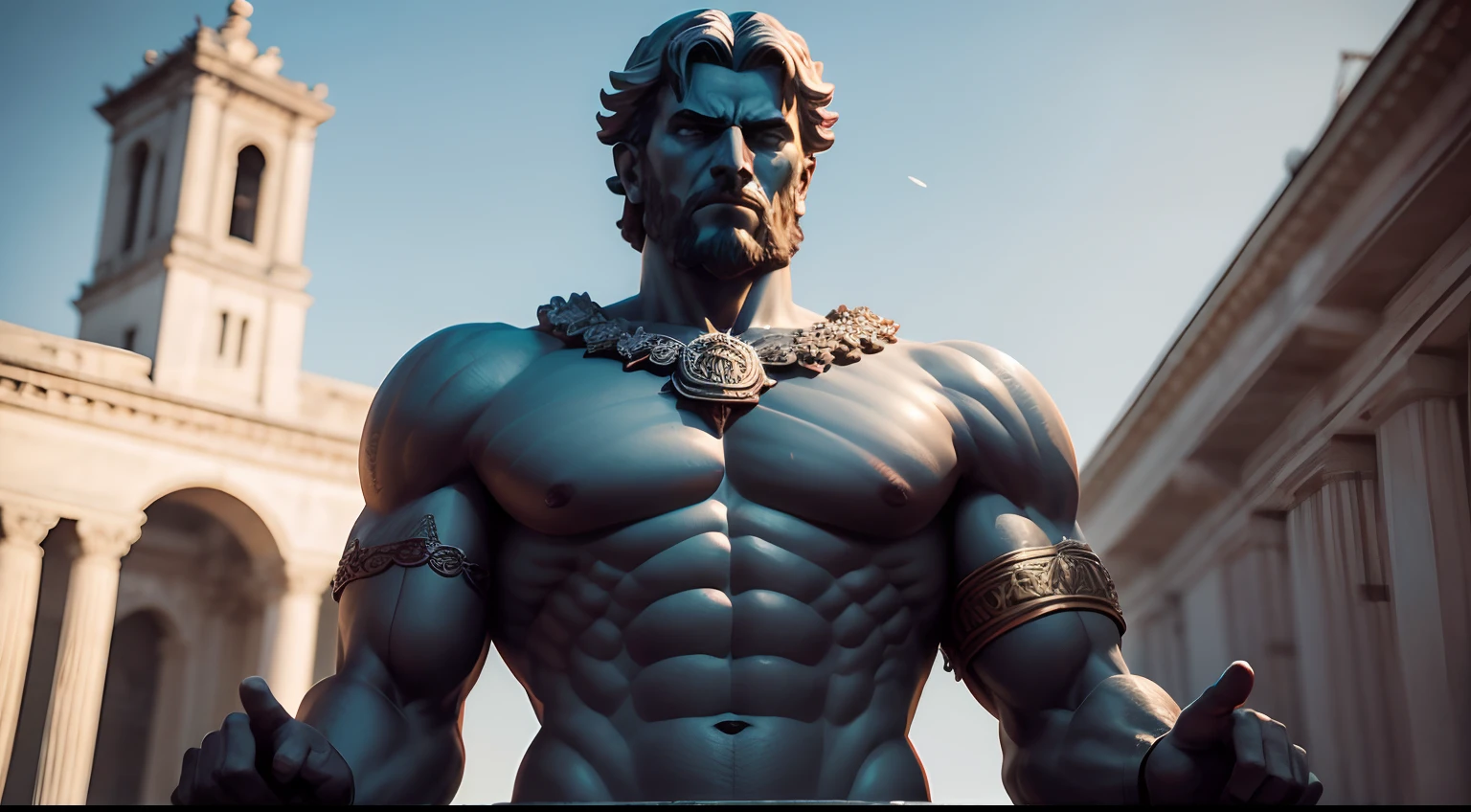 Strong Stoic statue, with an expression of anger, na rua, tempo escuro e trovoadas na noite escura, fundo grego de templo anitgo, 35 mm, lateralmente, Filmado em Sony A7S III com Sony FE 35mm f/1.8, 12.1 MP, --AR 3:2 --estilo cru