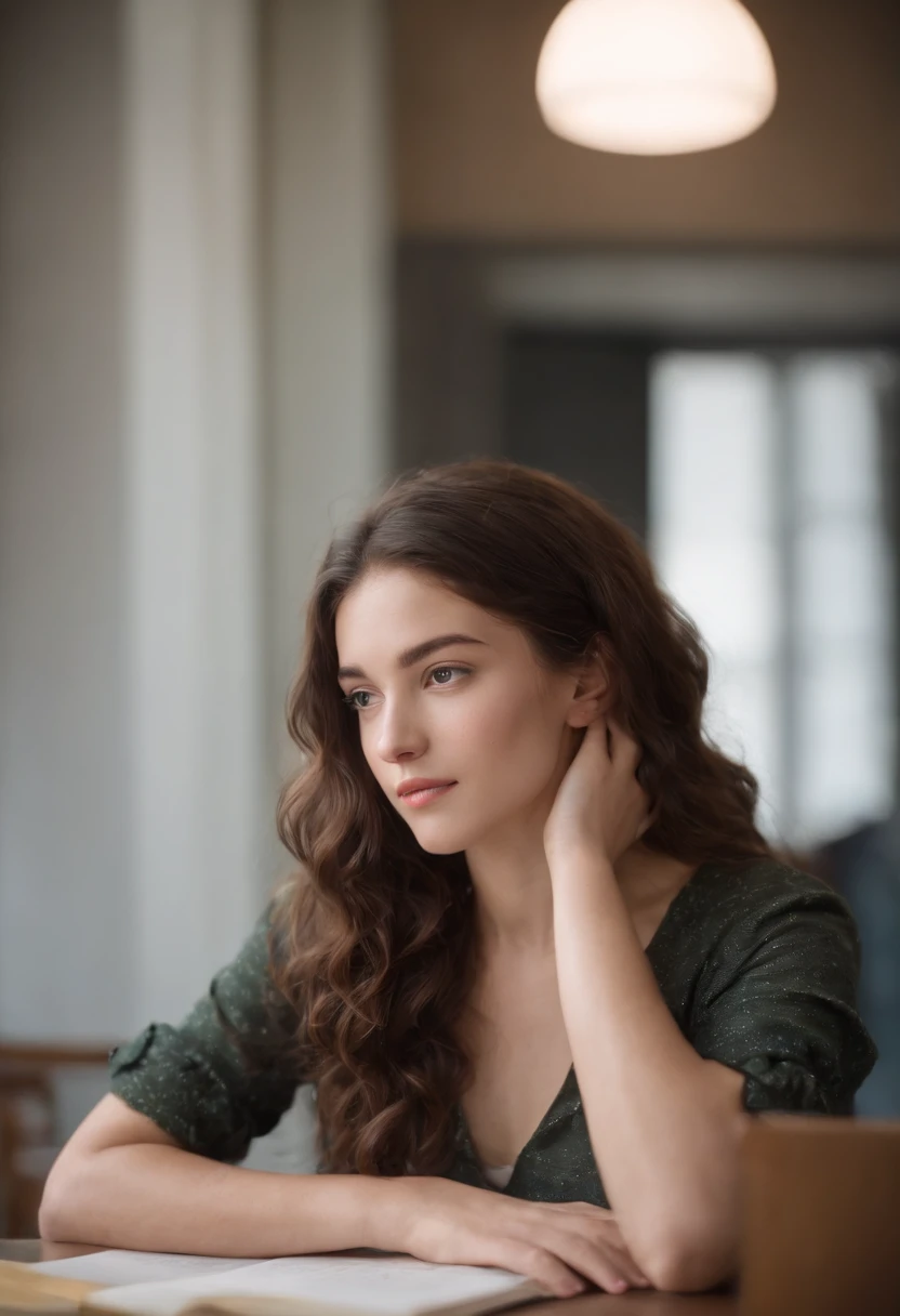 Jeune fille de brune, curly hair that reaches the middle of the neck. Coupe de cheveux de frange rideau, hair that passes over his forehead and stops above his eyebrows like bangs. Dans une salle de classe, seated at a student's table.