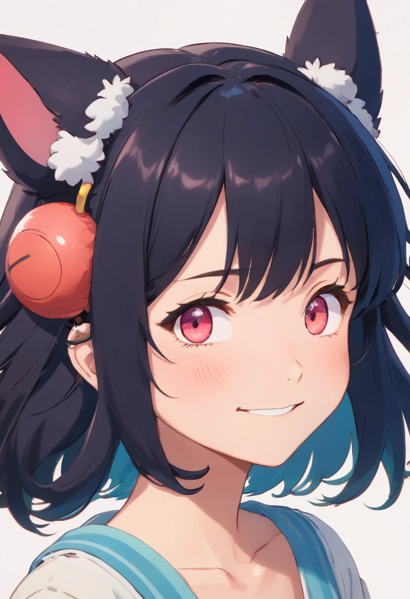 black hair, hair bobbles, wince, longeyelashes, solid circle eyes, fake animal ears, light smile, ear blush, fang, Surrealism, drop shadow, anaglyph, stereogram, tachi-e, pov, atmospheric perspective, 8k, super detail, ccurate, best quality