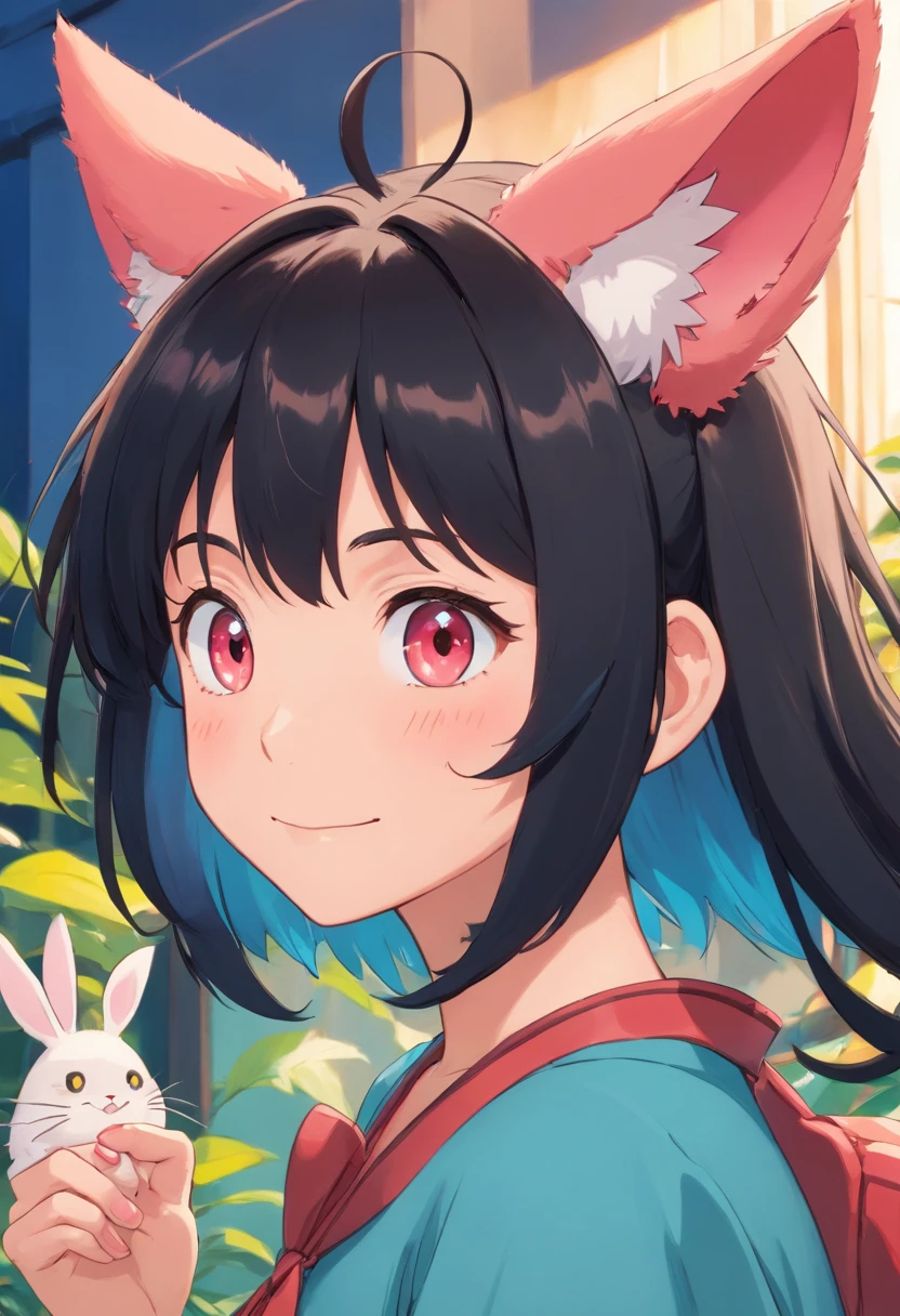 black hair, hair bobbles, wince, longeyelashes, solid circle eyes, fake animal ears, light smile, ear blush, fang, Surrealism, drop shadow, anaglyph, stereogram, tachi-e, pov, atmospheric perspective, 8k, super detail, ccurate, best quality