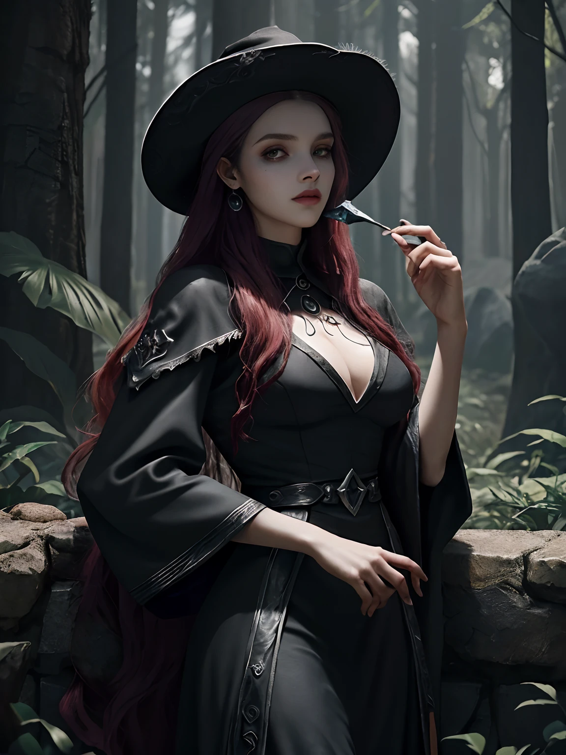 Uma personagem coven do League of legends, imagem splash, foco na personagem, coven aesthetics, Uniforme preto, mulher brava, roupas do jogo lol, fundo preto escuro, Classic clothes, mulher de pele muito clara, Red magic ritual, imagem assustadora, creepy