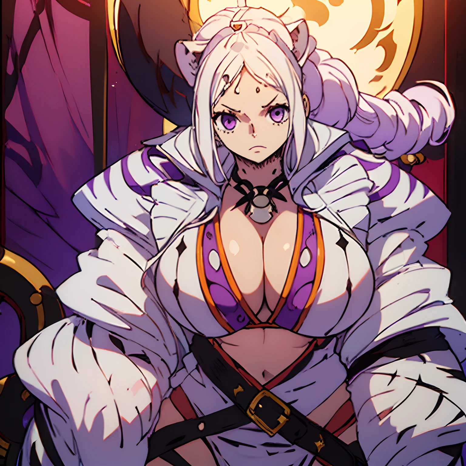 ((Big boobs)) ((muscular and tall female)) ((one piece)) ((female white tiger)) ((long white hair)) ((purple eyes)) ((alone)) ((pirate))