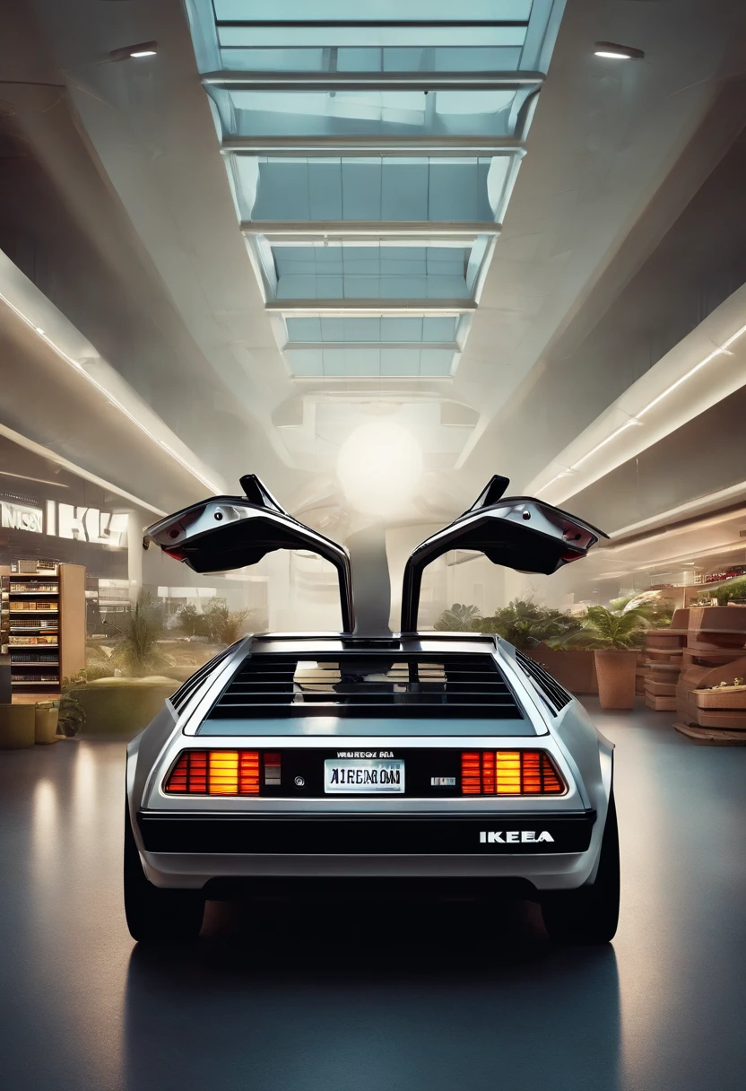 Create a futuristic artwork featuring a DeLorean parked outside an IKEA store in the year 3000. Envision a world of advanced technology and design, where the DeLorean appears as both a relic of the past and a symbol of timeless style. Show how the store and its surroundings have evolved in this distant future, blending elements of classic and futuristic aesthetics."