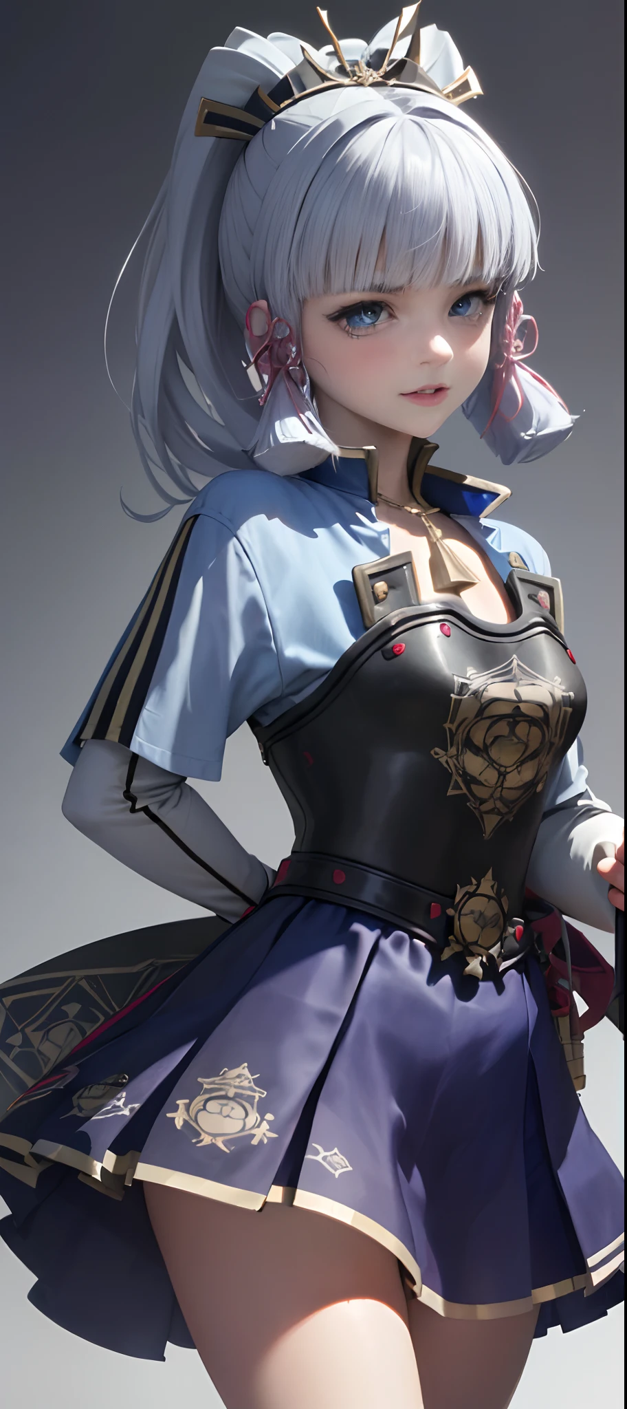 ((Masterpiece)), (8K, High_Resolution), (distinct_image), (Best quality), (More evil, Bad laughs), (face on light:1.1), Solo, Beautiful eyes and detailed face, ((1 girl, Solo)), Medium breasts, Wide buttock, (Abs:0.8), ((school uniform)), (pony tails), (Blush, cheerfulness, Serious look), winter, blizzard, perfect hands, intricate details, wielding a sword
