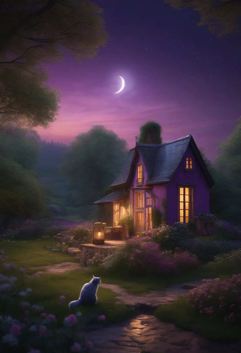 Country house near the stream and wood, windy and flower, purple sky has moon, star. A girl sitting on window sill and reading book with a cat and hot coffee cup near by.