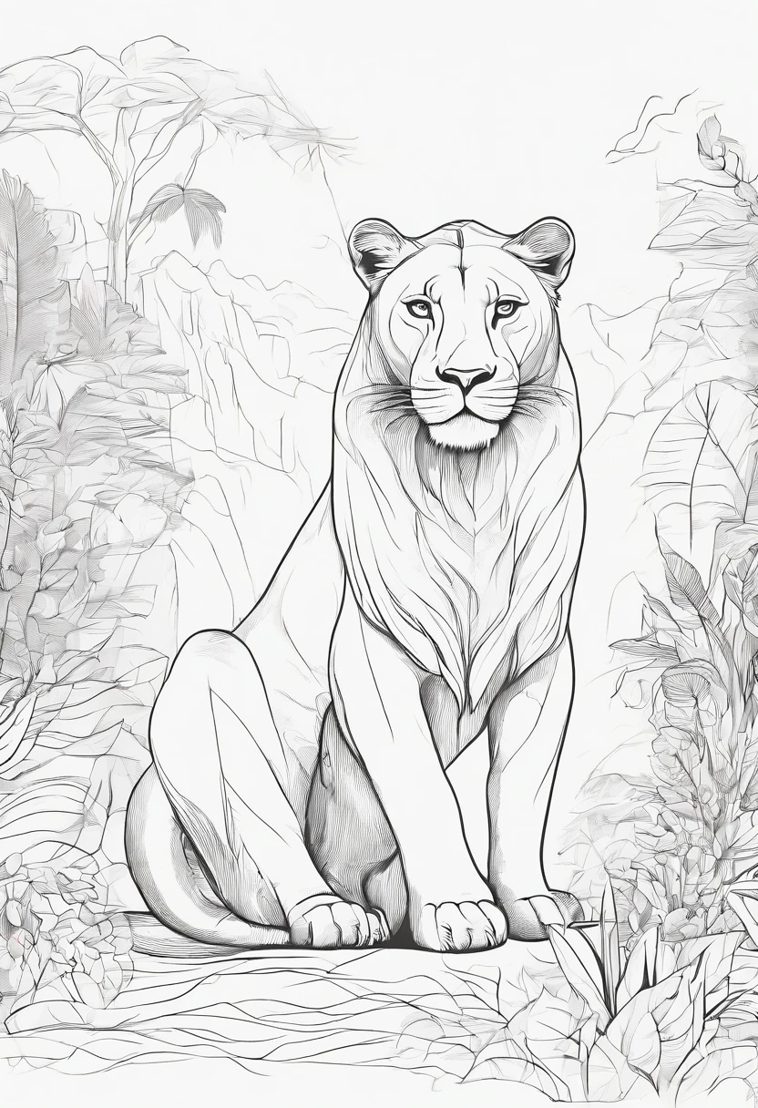 Zoo animals,Lioness, cartoon style, line drawing background, white background, monochrome, line drawing, ((sketch)), for coloring