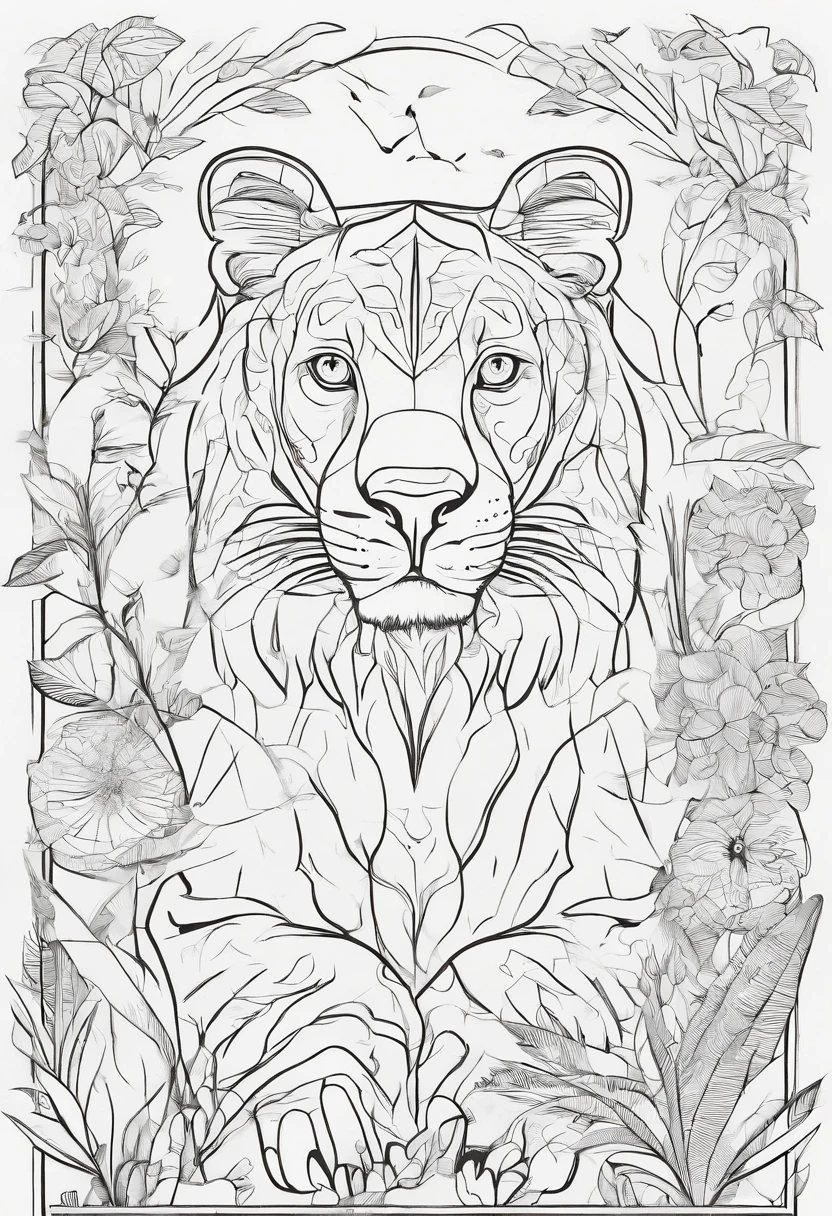 Zoo animals,Lioness, cartoon style, line drawing background, white background, monochrome, line drawing, ((sketch)), for coloring
