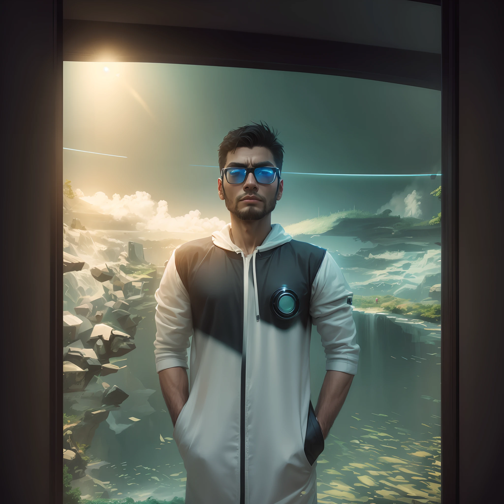 Change background , sifi, realistic ,fully body , change glass, handsome