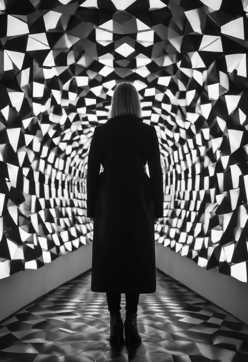 a black and white photo of a person in a room with a mirror, 4 k symmetrical portrait, 4k symmetrical portrait, inspired by Ryoji Ikeda, pixelated art, projection mapping, refik anadol, digital sculpture, recursive portrait, video art, peter saville, inspired by Karel Dujardin, holly herndon origami statue