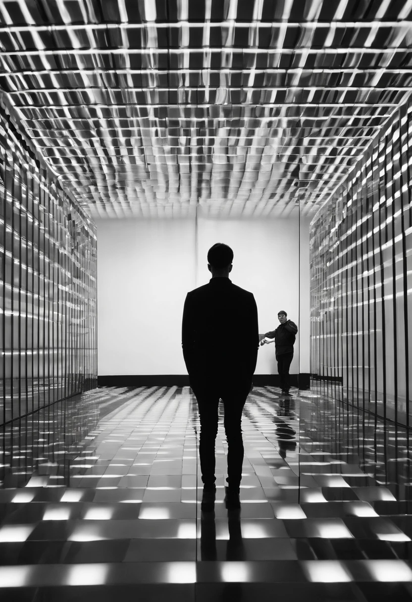 a black and white photo of a person in a room with a mirror, 4 k symmetrical portrait, 4k symmetrical portrait, inspired by Ryoji Ikeda, pixelated art, projection mapping, refik anadol, digital sculpture, recursive portrait, video art, peter saville, inspired by Karel Dujardin, holly herndon origami statue