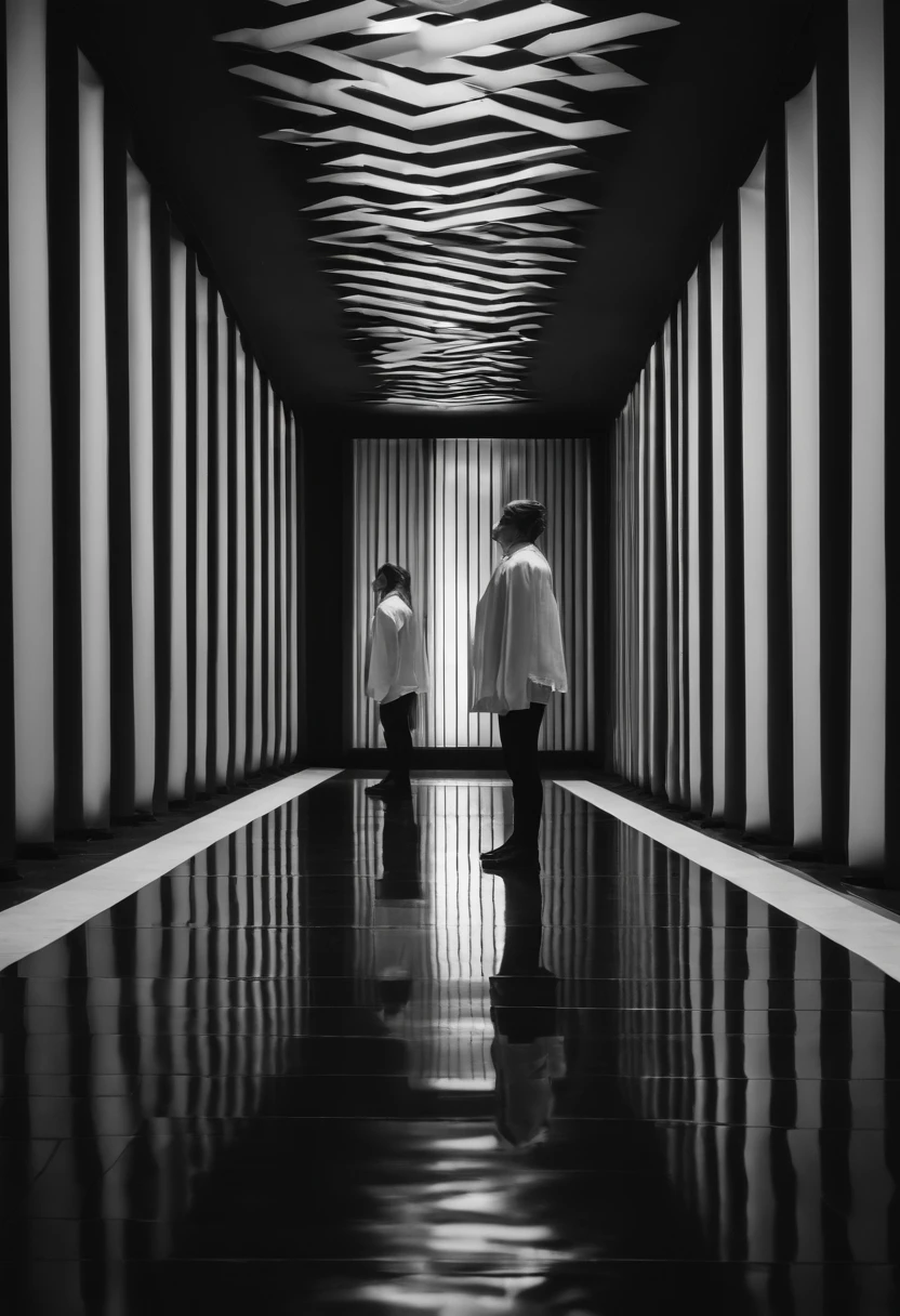 a black and white photo of a person in a room with a mirror, 4 k symmetrical portrait, 4k symmetrical portrait, inspired by Ryoji Ikeda, pixelated art, projection mapping, refik anadol, digital sculpture, recursive portrait, video art, peter saville, inspired by Karel Dujardin, holly herndon origami statue