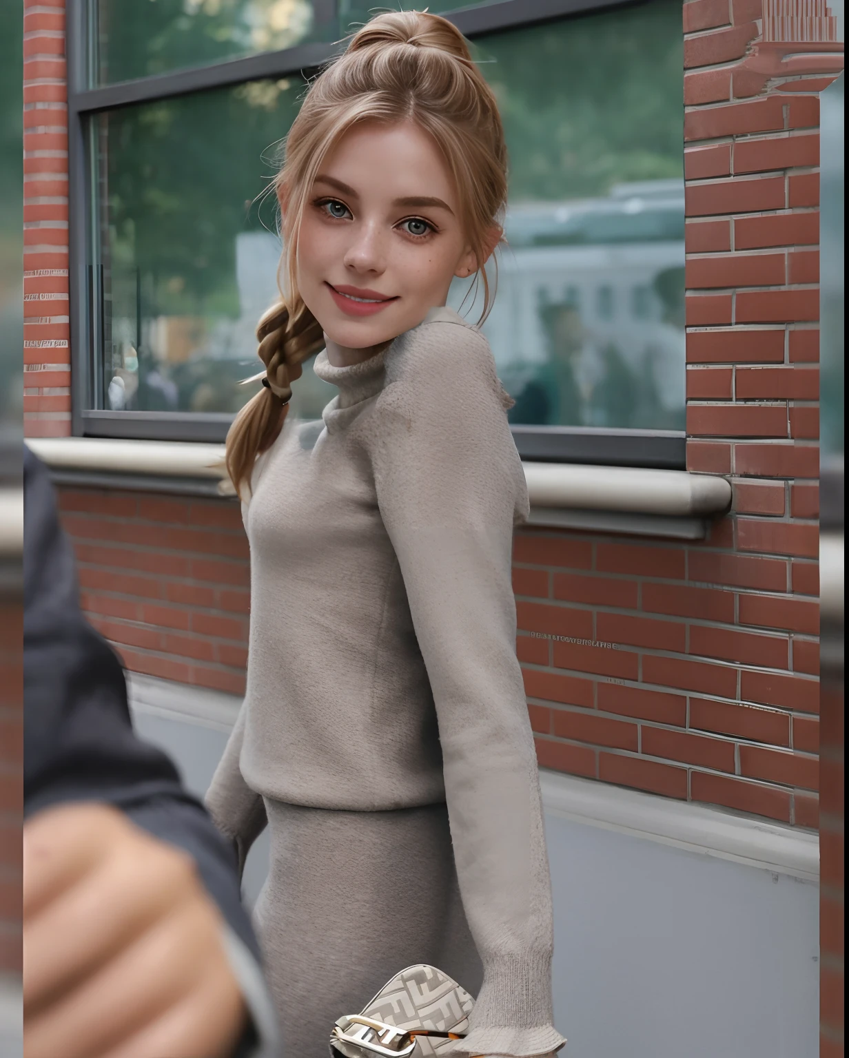 Rosto de uma mulher, americana, 25 anos, pale skin and freckles, olhos cinzas, nariz delicado, soft and delicate lips, cabelo blondie cinza ponytail, sorriso meigo, crop turtleneck sweater, do mesmo tecido