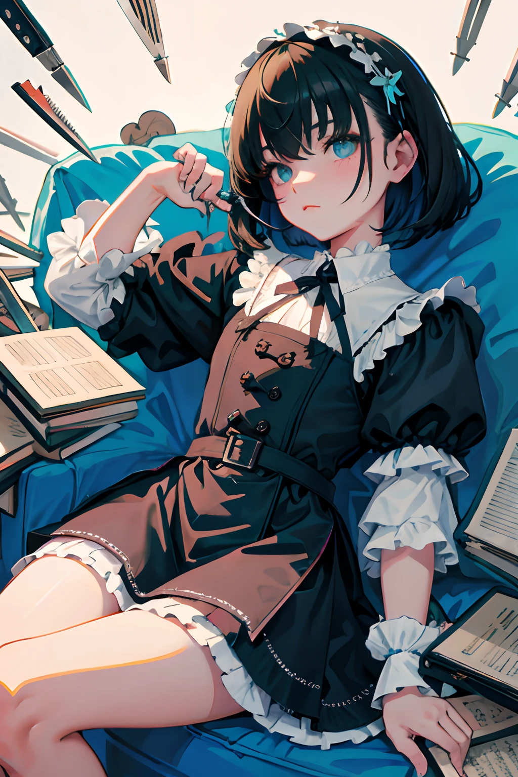 hand between legs，child，（​masterpiece，Highest Quality），shortsleeves，Blue-green Gothic Lolita，Sleepy face，A dark-haired，Medium bob，utility knife，Small scissors，Artistically