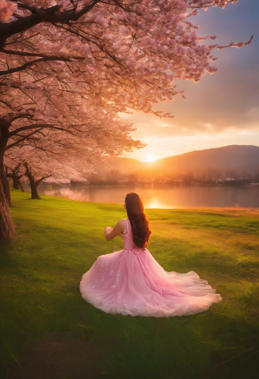 Cherry blossom fall, a beautiful girl has long hair wearing a dress, sunset, lake and grass field, star in the sky