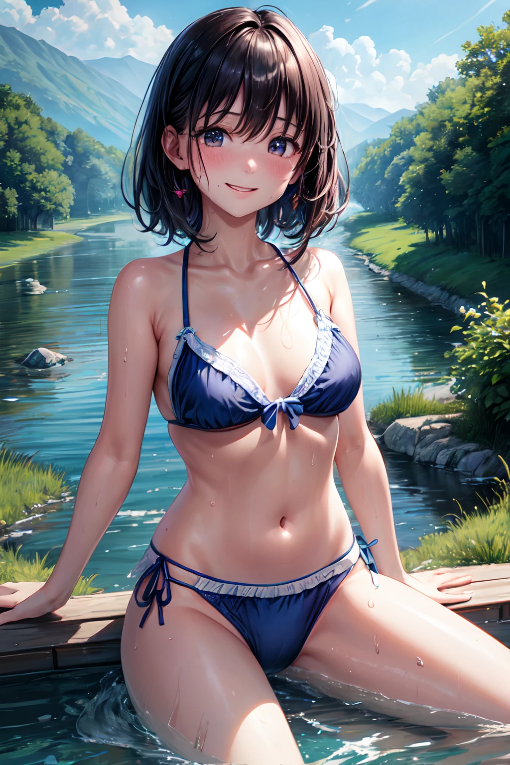 hight resolution, top-quality, ultra-quality, The ultra-detailliert, lighting like a movie、Western countryside、I see the house in the distance、a river、Girl playing in water outside、small tits、Small bikini、Drenched body、Wearing sweat、full of sweat、A smile、Visit here、