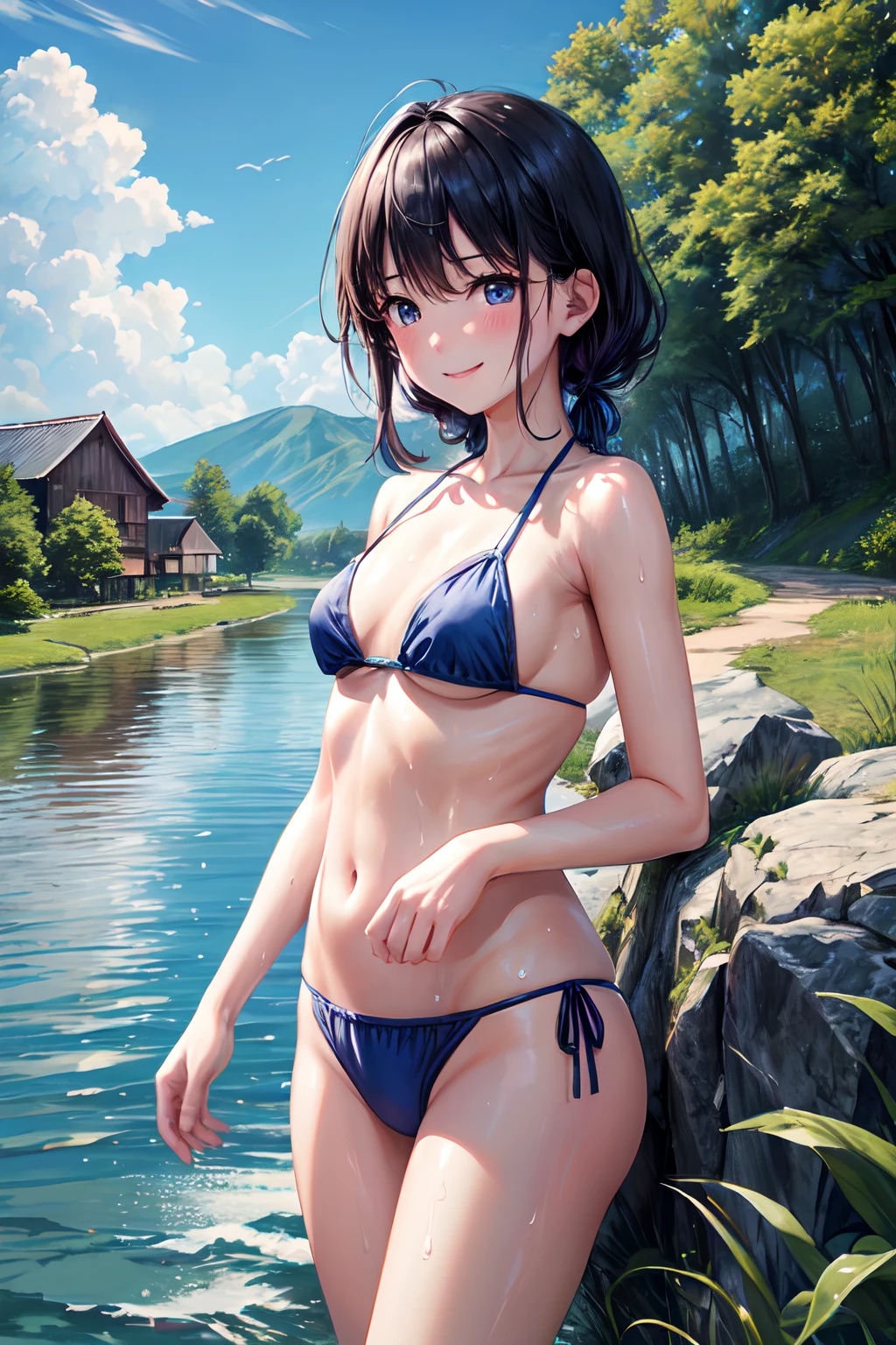 hight resolution, top-quality, ultra-quality, The ultra-detailliert, lighting like a movie、Western countryside、I see the house in the distance、a river、Girl playing in water outside、small tits、Small bikini、Drenched body、Wearing sweat、full of sweat、A smile、Visit here、