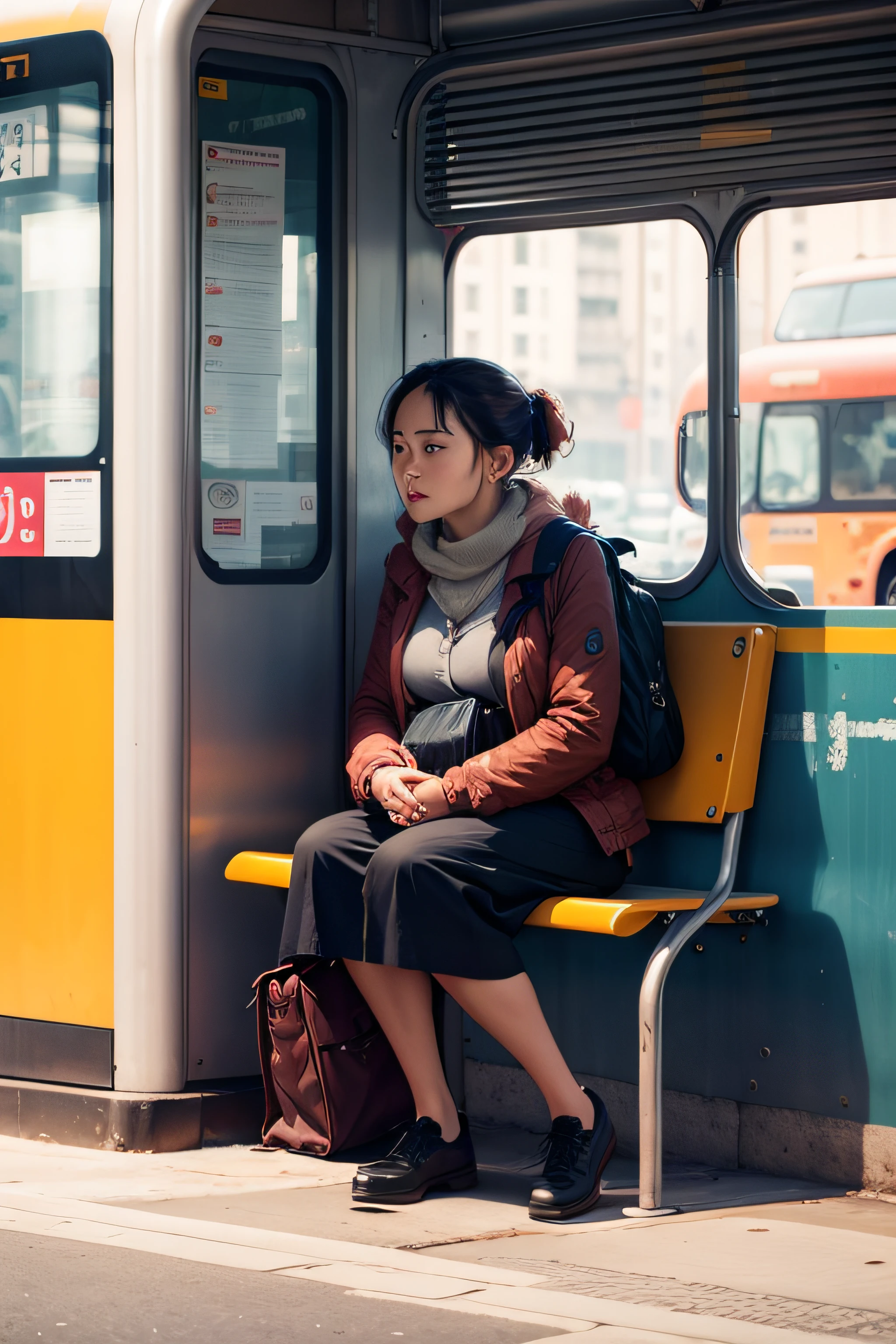 Woman waiting at bus stop