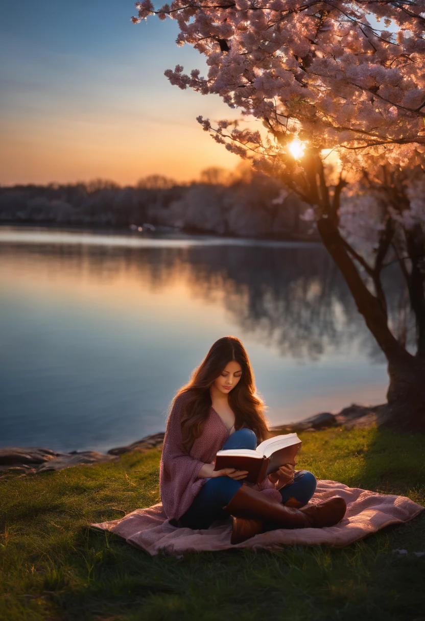 Beautiful girl reading book under sunset, lake, cherry blossom fall, windy, blue hour, peace