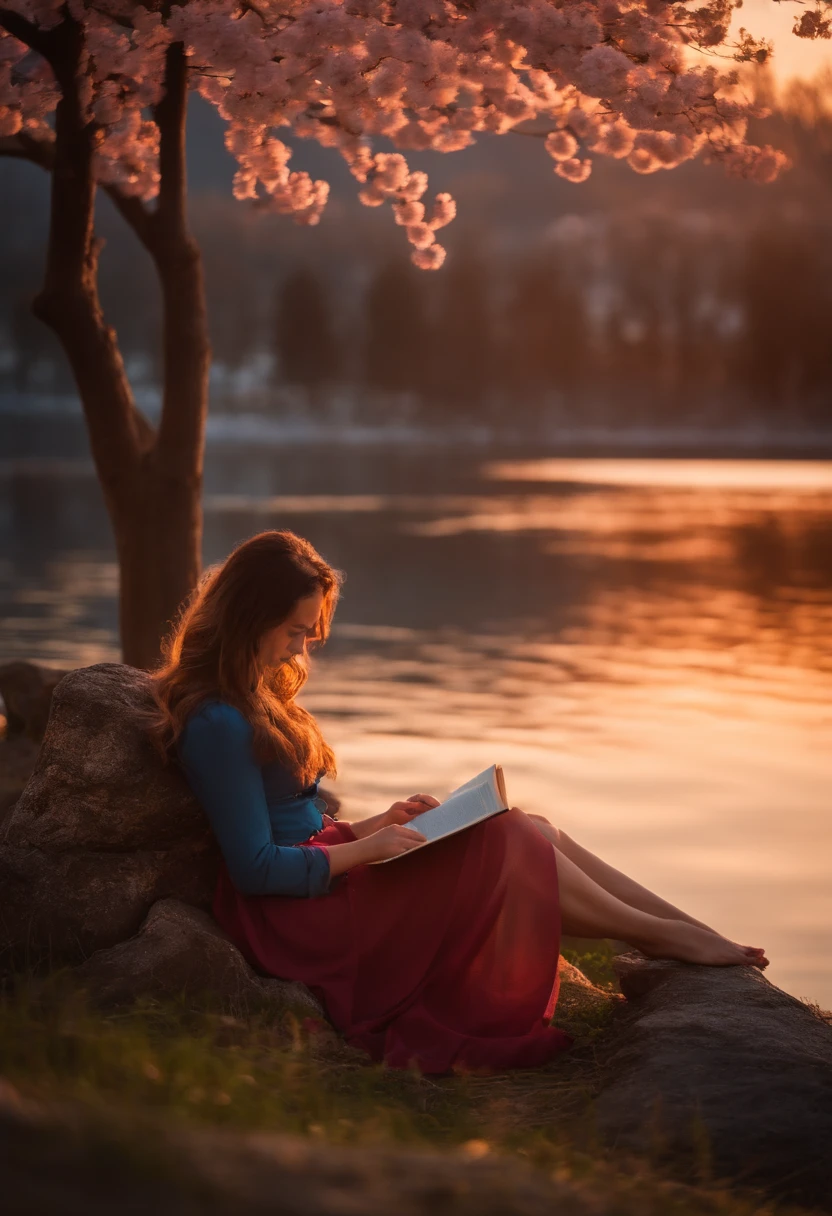 Beautiful girl reading book under sunset, lake, cherry blossom fall, windy, blue hour, peace