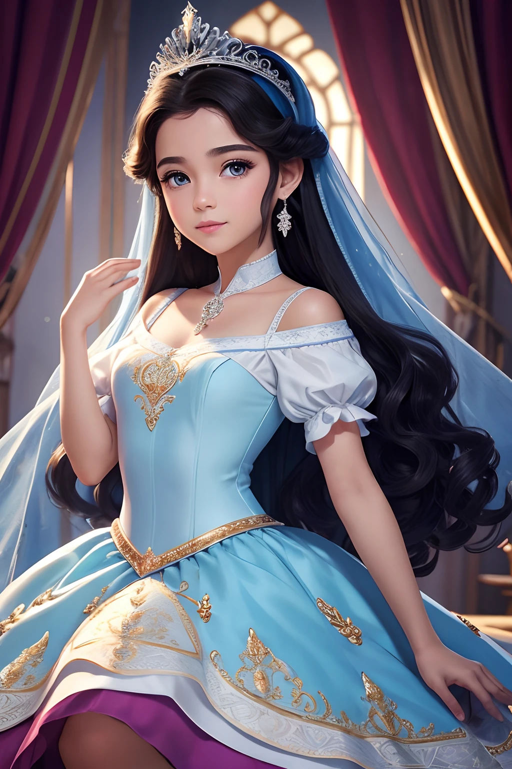 uma linda princesa, Dancing, detalhes requintados, linda garota estilo Disney, branca de neve,cabelo loiro, olhos azul, vestido, pequena tiara brilhante, pintura hiperdetalhada, enquadramento de corpo inteiro, 4K分辨率, cinemactic, Hand-drawn art station trend, detalhes que lembram princesas da Disney, negrito linhas, no papel.