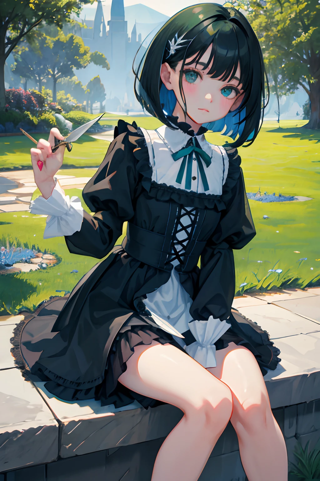 hand between legs，，（​masterpiece，Highest Quality），shortsleeves，Blue-green Gothic Lolita，Sleepy face，A dark-haired，Medium bob，Outside splash bob，utility knife，Small scissors，Artistically