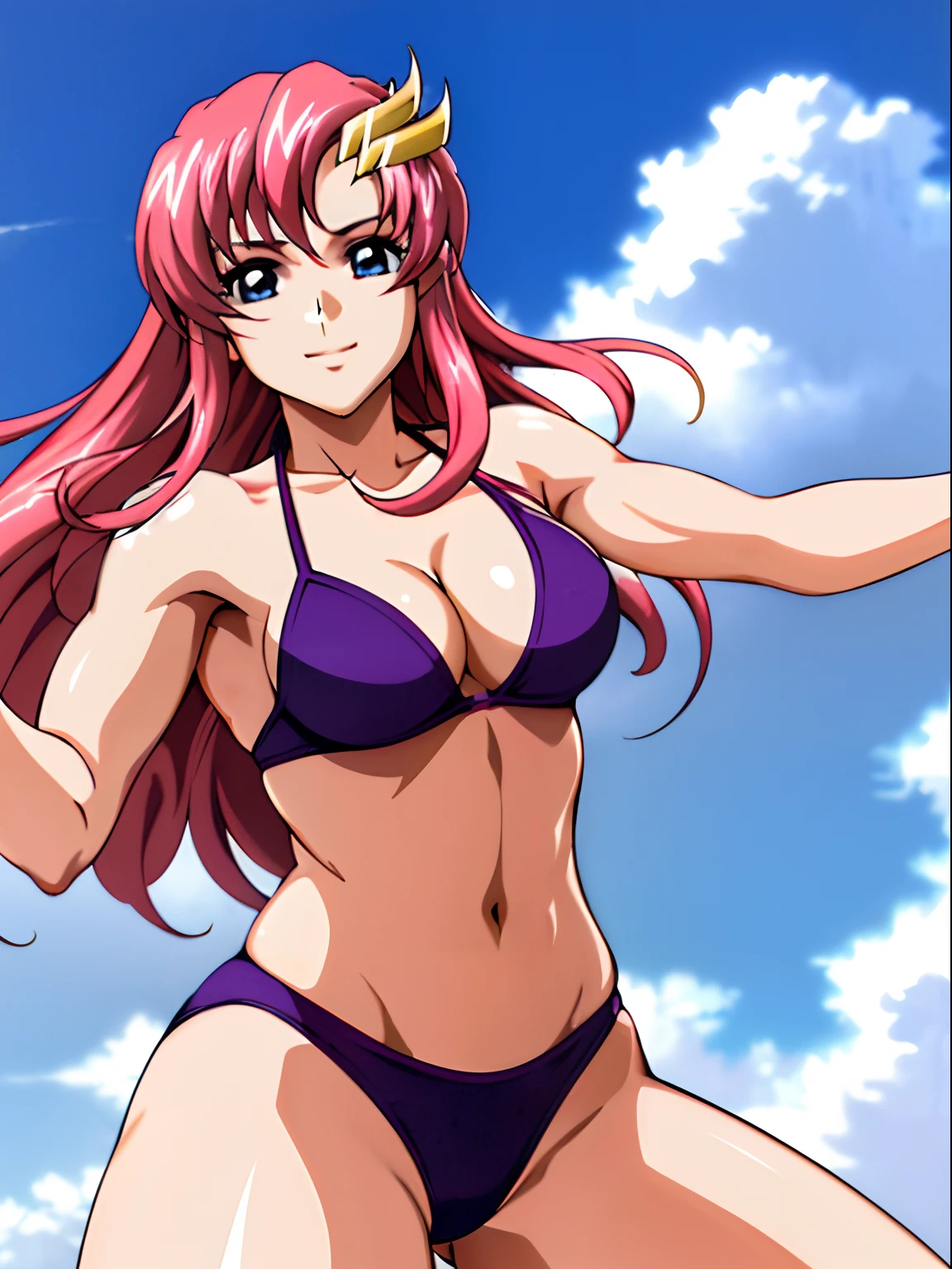 (masterpiece, upper body view, 4K, Best Quality, Anime style: 1.9,, Adult Woman, ultra detailed face, (cloud background, wrestling), Drawing lines, high resolution, Anime, lacus4), 1girl, Solo, curvy figure, Long hair, 鎖骨, scapular, (Detailed wide hair bangs, Hair Ornament, Detailed reddish-pink hair, golden crest), cleavage, large hands, (female wrestler). (Big blue eyes, shiny eyes), ((female wrestler, little biceps, slender body, broad shoulders, closed fists)), ((perfect proportions, medium breasts, long belly)), (((bikini, pink wrestling gear))), happy, smile, (standing, looking at the viewer)