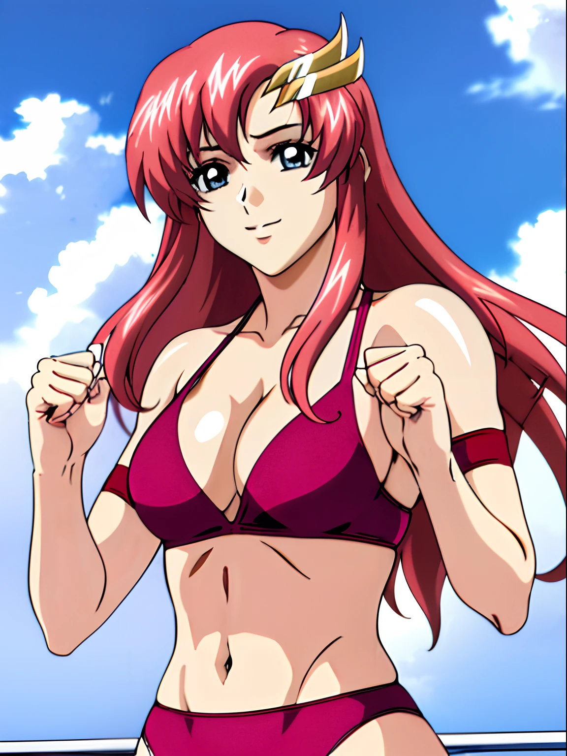 (masterpiece, upper body view, 4K, Best Quality, Anime style: 1.9,, Adult Woman, ultra detailed face, (cloud background, wrestling), Drawing lines, high resolution, Anime, lacus4), 1girl, Solo, curvy figure, Long hair, 鎖骨, scapular, (Detailed wide hair bangs, Hair Ornament, Detailed reddish-pink hair, golden crest), cleavage, large hands, (female wrestler). (Big blue eyes, shiny eyes), ((female wrestler, little biceps, slender body, broad shoulders, closed fists)), ((perfect proportions, medium breasts, long belly)), (((bikini, pink wrestling gear))), happy, smile, (standing, looking at the viewer)