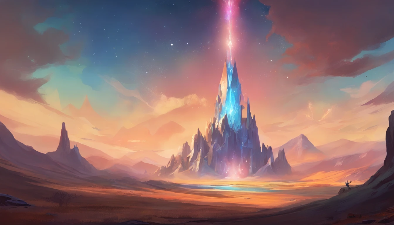 Majestic, huge floating crystals casting a mysterious glow on the vastness of the steppe. The distant silhouette of mountain peaks contrasts with the bright glow of an unknown star, the Earth beneath the crystal is mottled with ancient runes that respond to the magic of the crystal. Emphasis on levitating crystals, Development for concept art, gamedev with high attention to detail, ultra high resolution