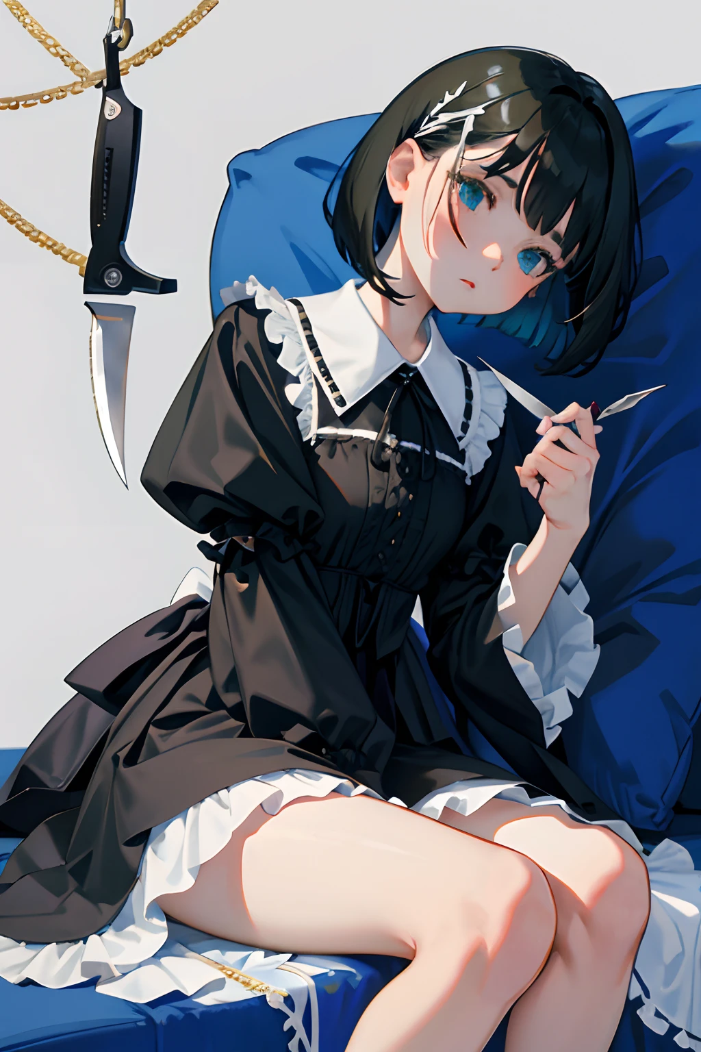 hand between legs,child,(masterpiece,Highest Quality),shortsleeves,Blue-green Gothic Lolita,Sleepy face,A dark-haired,Medium bob,flipped hair,utility knife,Small scissors,Artistically