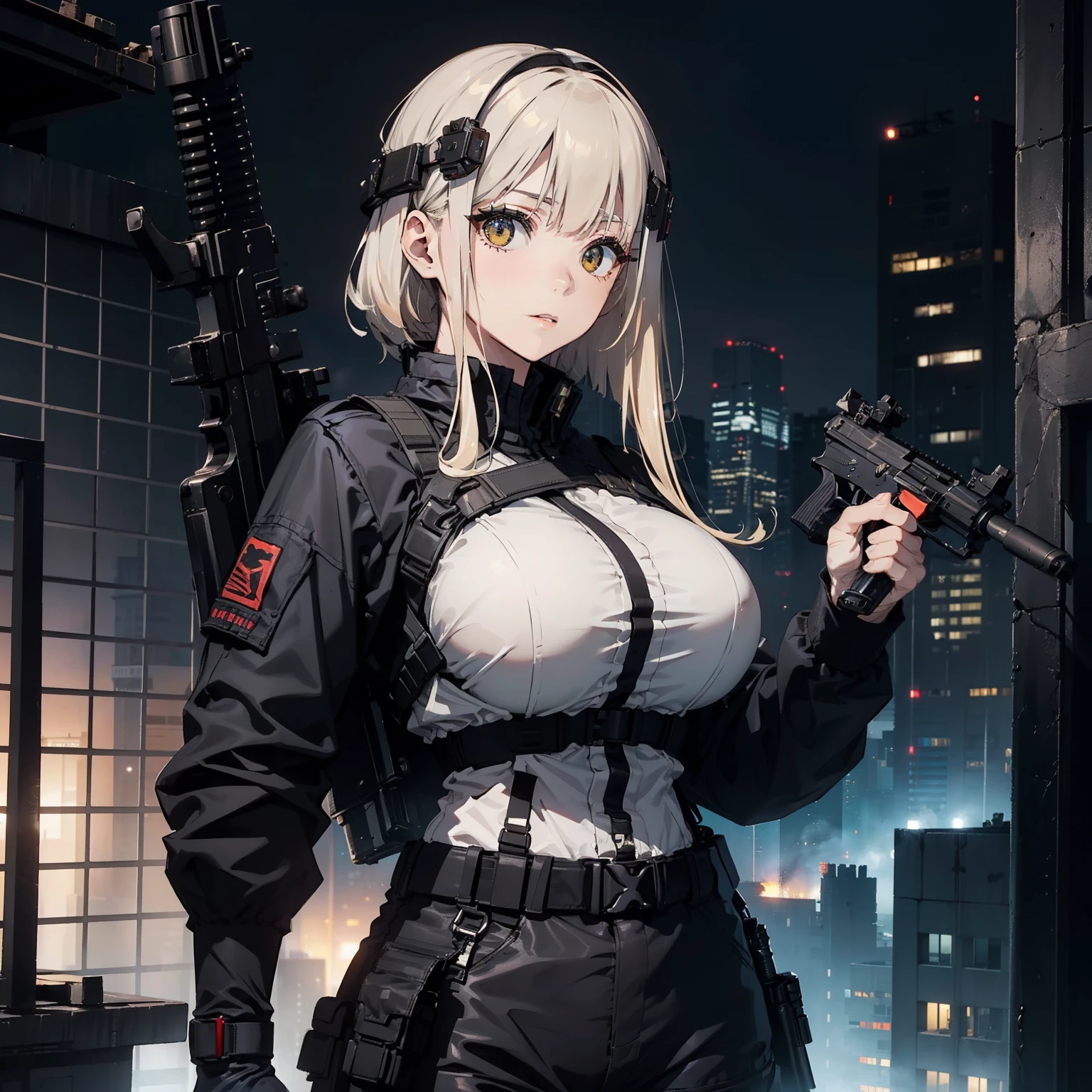 (Trained female soldiers)、((holding weapons、holding rifle、Aim:1.2、fire:1.4、guns、h&k hk416))、1 Women、thick body、(Black combat uniform)、(platinum-blonde-hair:1.2)、((超A high resolution))、Detail Write、​masterpiece、top-quality、extremely details CG、8K picture quality、Cinematographic lighting、lensflare、(Skyscraper rooftop at night:1.4)、Hyper-detailing、((Enlarge bust shots:1.4))、Detailed firearm depiction、Rifle with perfect detail、Perfect barrel that does not distort、Fighter in the sky、Military drones
