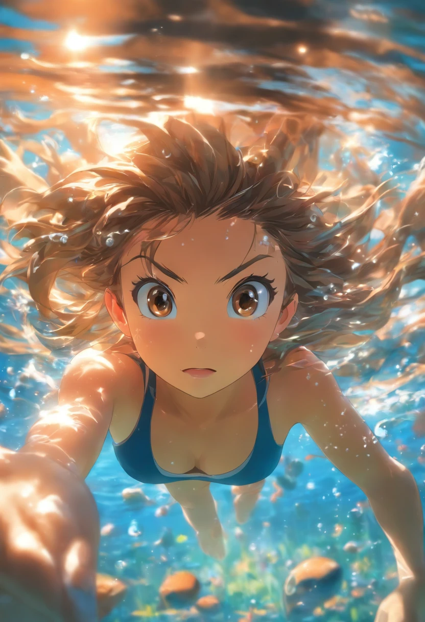 (best quality, masterpiece:1.2), ultra-detailed, realistic, foreshortening, depth of field, 1girl, brown hair, beautiful detailed eyes and lips, long hair flowing in the water, underwater scene with dappled sunlight, air bubbles surrounding the girl as she swims, school swimsuit clinging to her body, solo swimmer immersed in the water, looking directly at the viewer.