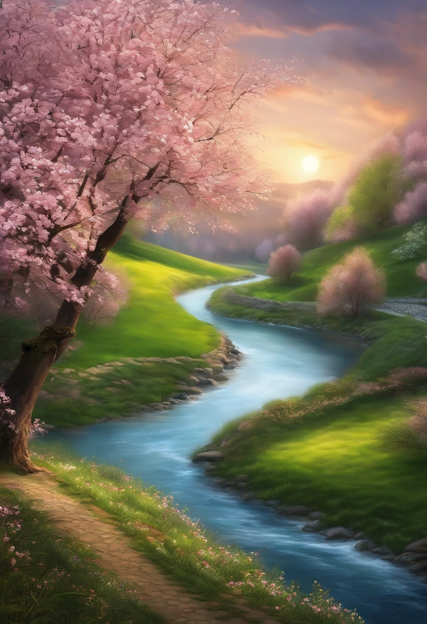 Draw a river with a small village, very beautiful landscape, landscape artwork, landscape art detail, very beautiful digital art, beauty of natural landscape, very beautiful photos, beautiful nature, landscape wallpaper, really beautiful nature, beautiful digital artwork, beautiful background, cherry blossom trees