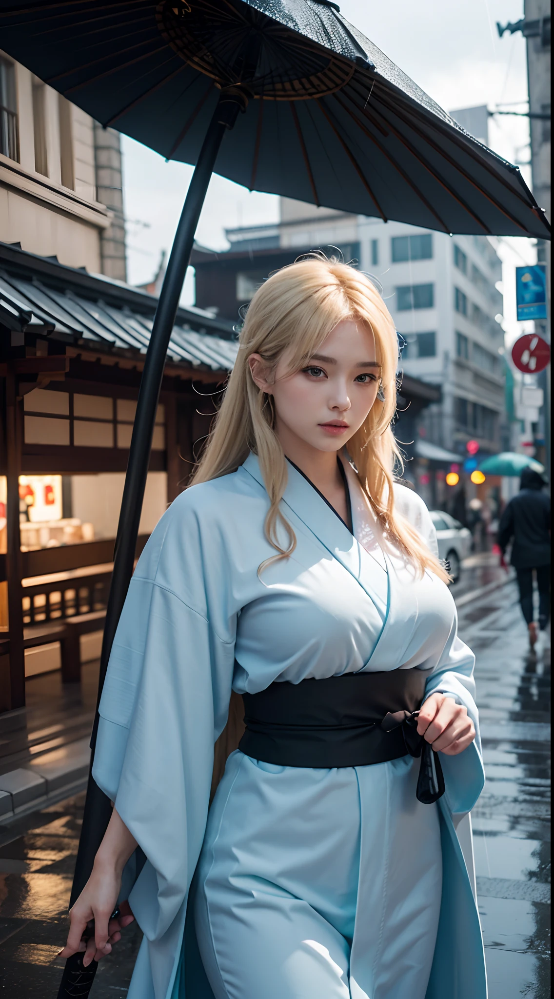 Thick and sweet bodybuilder blonde ninja women so cute and pretty wearing large and long kimono and she carrying katana in street and the wither is rainy highly detailed with hyperrealsim photorealistic ultra quality graphic k